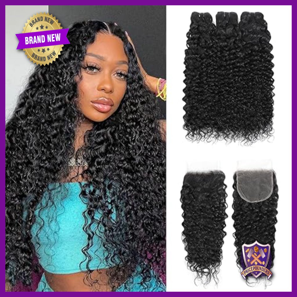 Water Wave Human Hair Bundles With 5x5 Hd Lace Closure 12a Brazilian